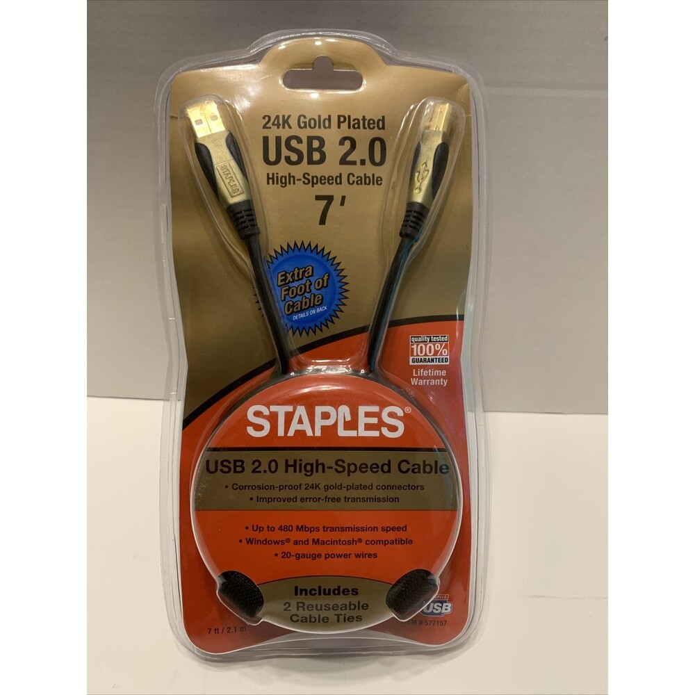 24K Gold plated USB 2.0 High-Speed Cable 7ft BNIP-Staples Type A to Type B